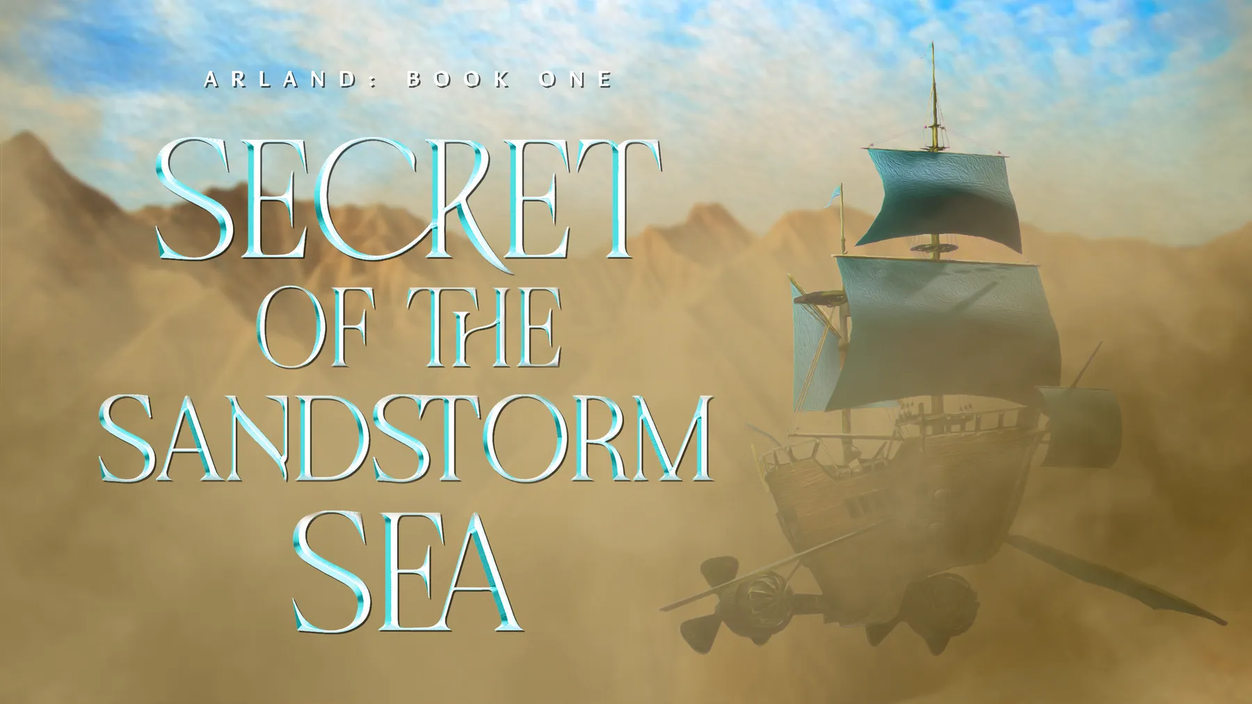 Cover art for Arland: Secret of the Sandstorm Sea, showing an airship sailing through a sandstorm